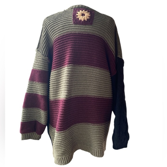 POL Color Block Floral Striped Waist Tie Loop Cardigan, medium oversized - Picture 6 of 12